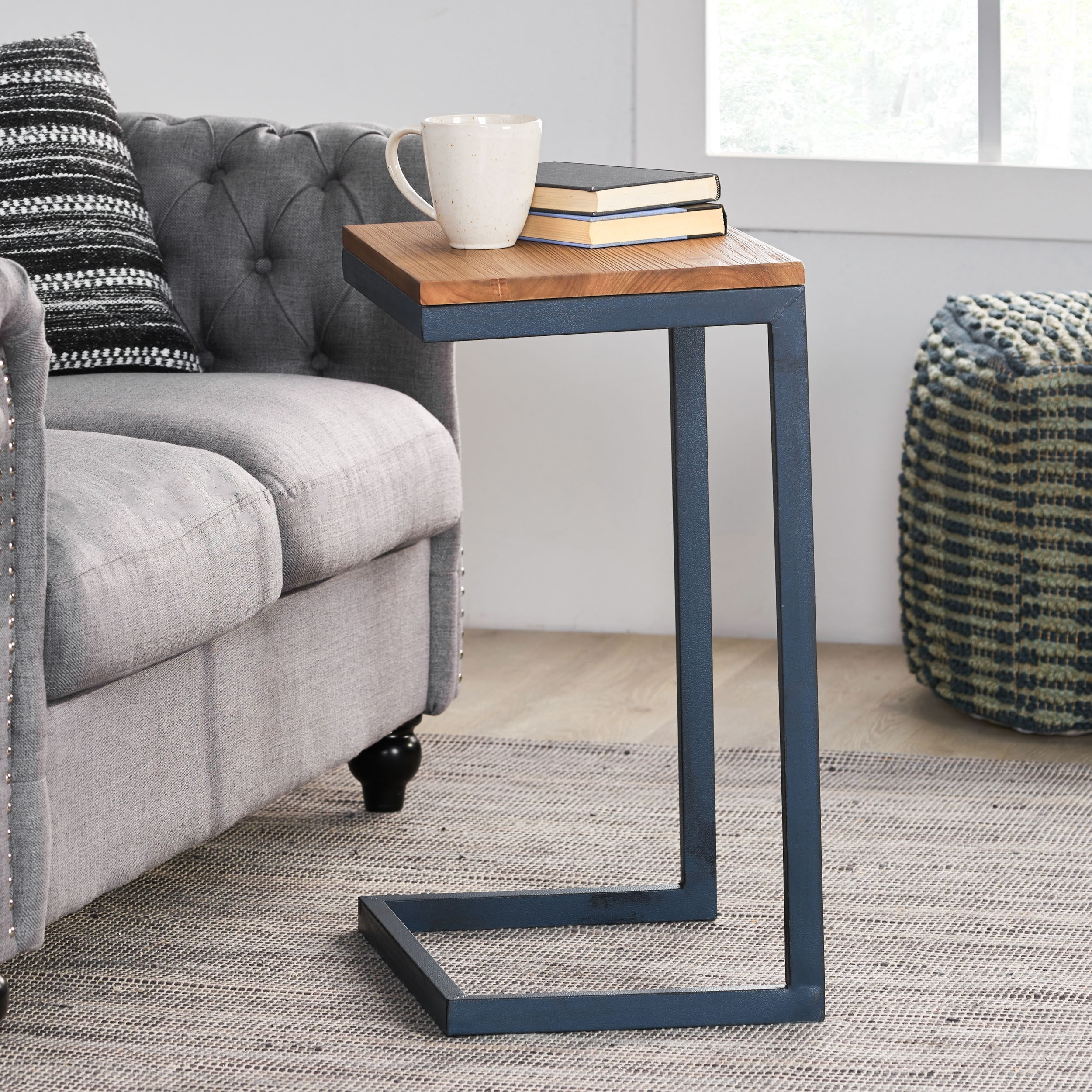 Roomfitters C-Shaped Side Table, Industrial End Table with Natural Wood Top and Blue Metal Frame for Sofa or Bedside, Natural