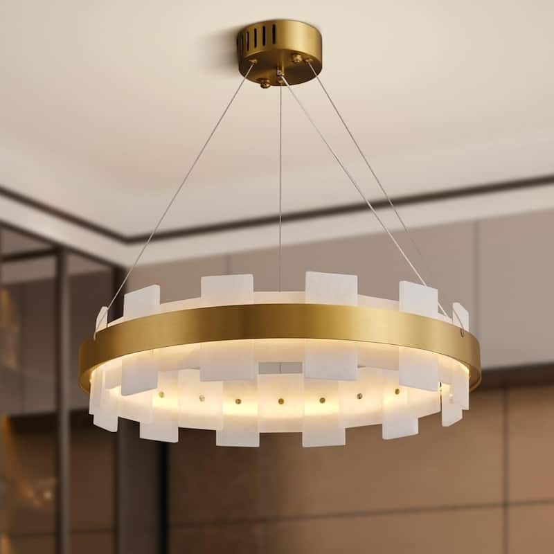 KAYLA Luxury Alabaster Chandelier, 37.4 in. Modern Integrated LED Gold Pendant Light for Entryway, Living Room & Foyer - 20in