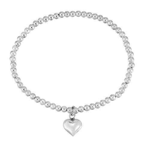Handmade Romantic and Stylish Sterling Silver Heart Charm Round Beaded Bracelet (Thailand)