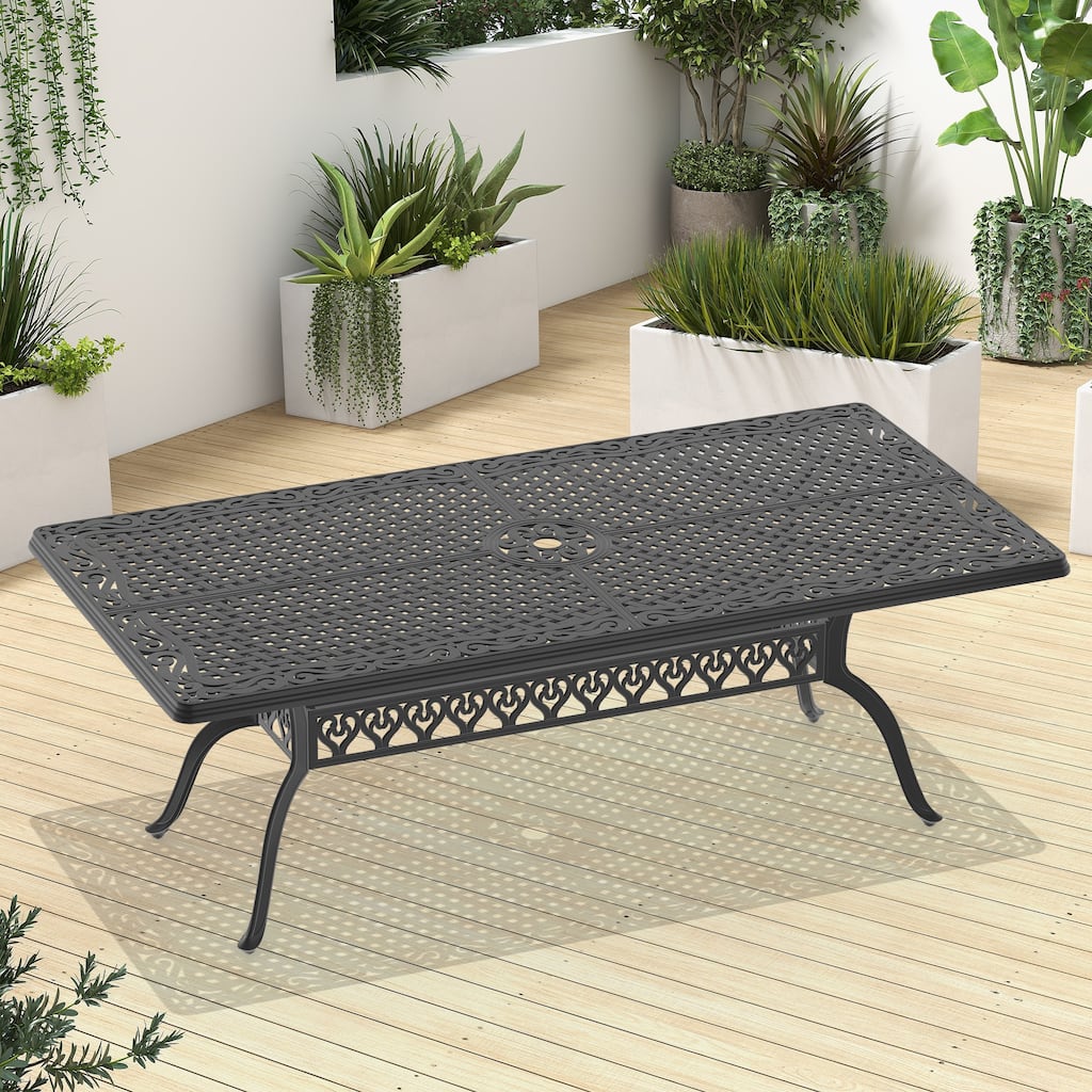 L82.68*W41.34-inch Cast Aluminum Patio Dining table with Black Frame and Umbrella Hole