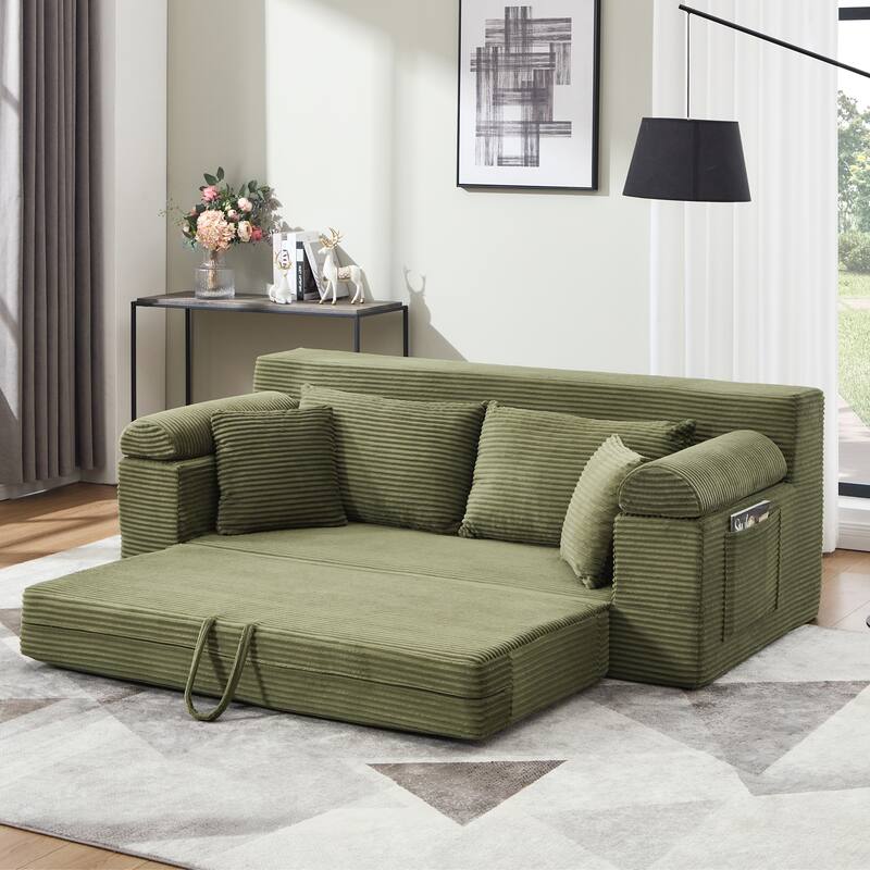 78" W Convertible Sleeper Sofa Bed Corduroy Loveseat with Pillows