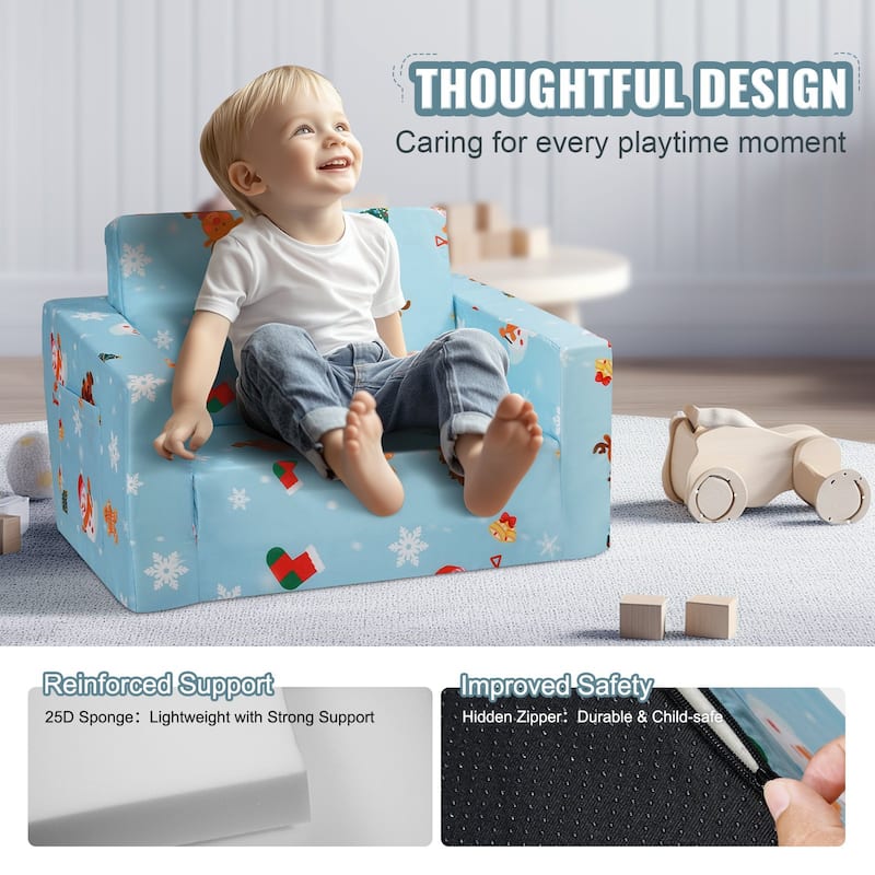 Sky Blue Foam Foldable Kids Sofa Bed with Printed Fabric and Zippers - 40.94” L x 22.83” W x 12.60” H