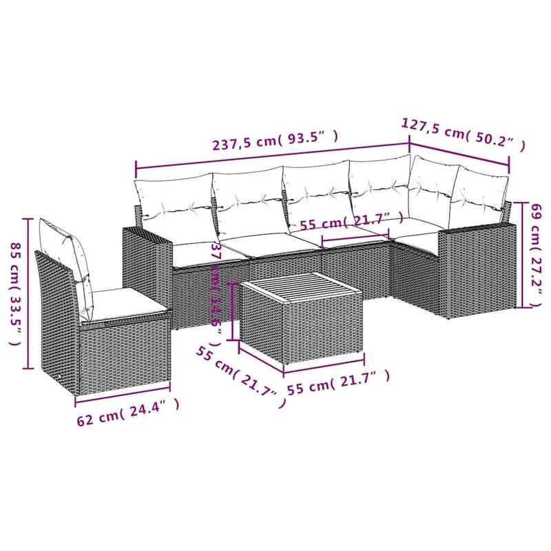 vidaXL Patio Sofa Set with Cushions Outdoor Furniture 7 Piece Poly Rattan - 24.4 x 25.8 x 27.2