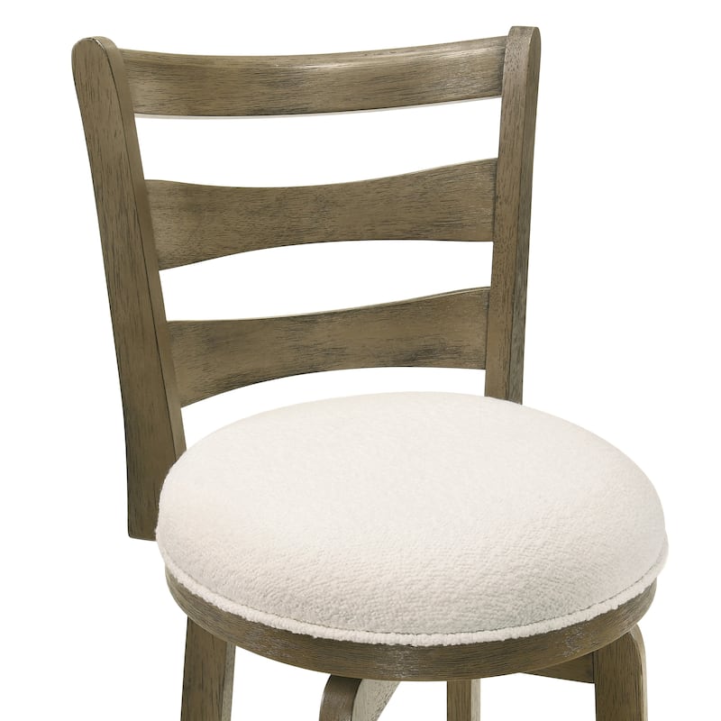 Melindra White Boucle Swivel Bar Stool, Upholstered Counter Stool with Solid Wood Legs
