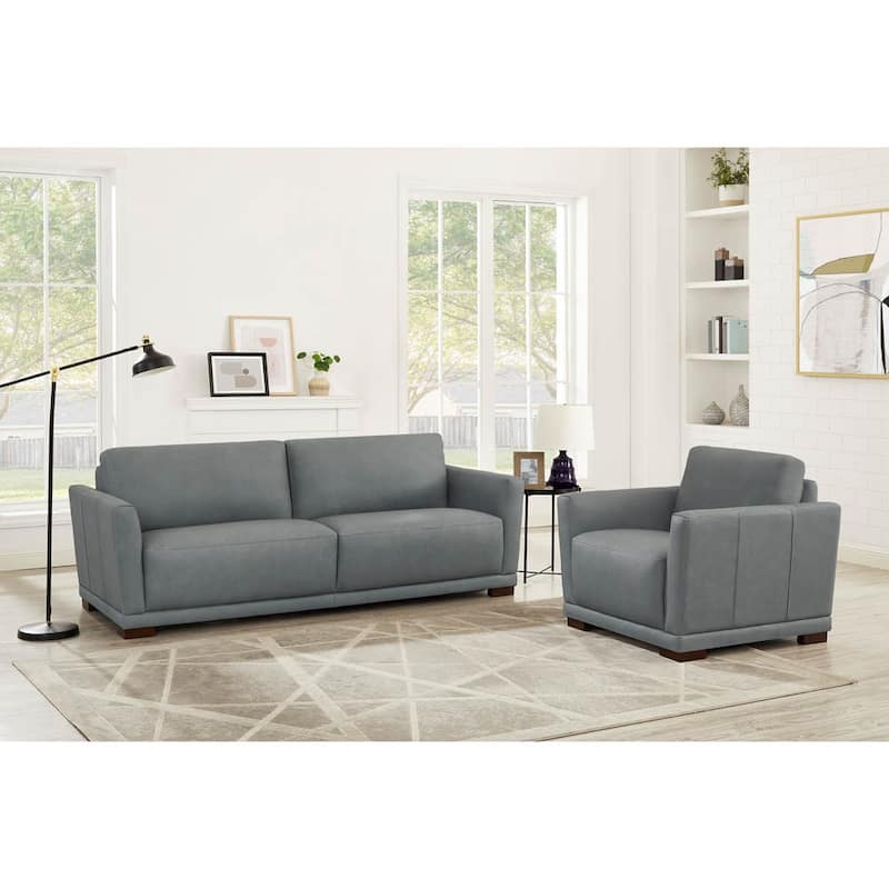 Hydeline Mary Top Grain Leather Sofa and Chair Set with Memory Foam and Springs - Slate Gray