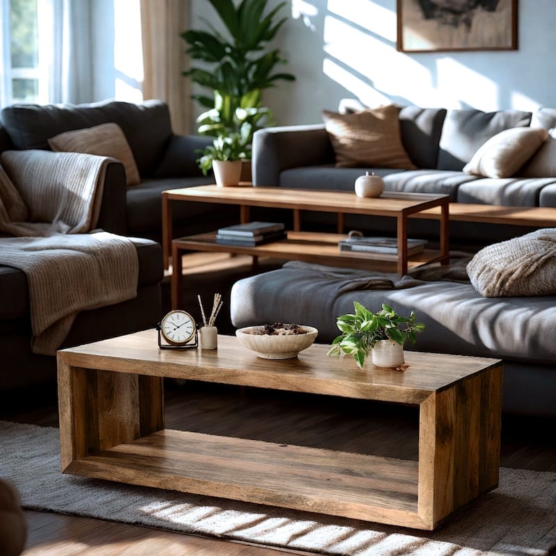 Modern Rectangular Mango Wood Coffee Table with Open Shelf - 57" Wide, Natural Finish