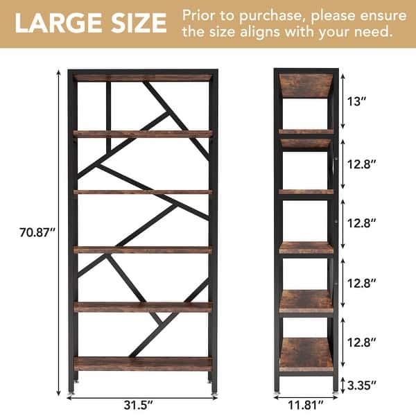 dimension image slide 0 of 3, 71 Inch Industrial Bookshelf, 6 Shelf Etagere Bookcase,Free Standing Open Book Shelves Storage Display Shelf