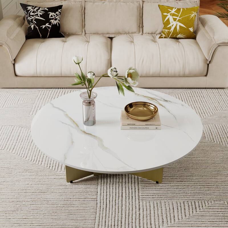 35.43" Modern Round Coffee Table, White Glossy Sintered Stone Table top, Stainless Steel Legs