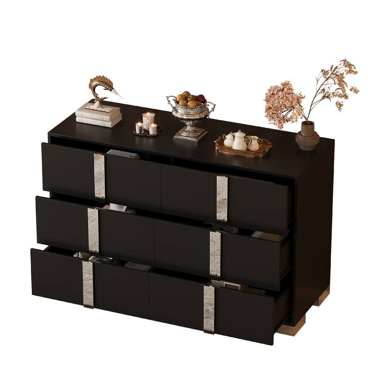 Modern Dresser with Metal Handle, Mirrored Storage Cabinet with 6 Drawers for Bedroom and Living Room