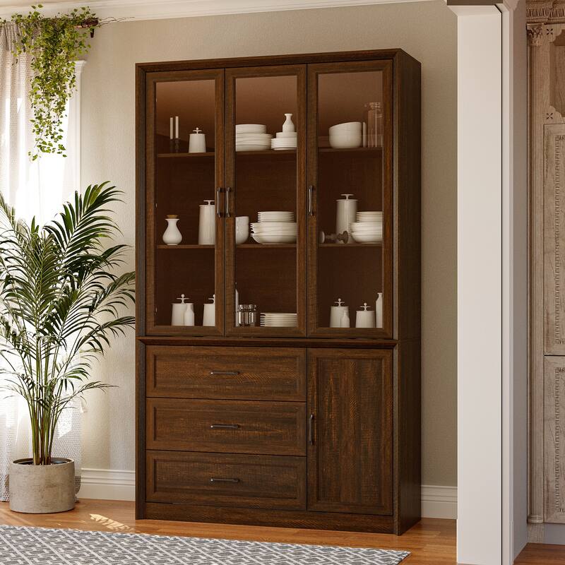 79.6"H Display Bookcase Pantry Cabinet Sideboard with Tempered Glass Doors White/Brown