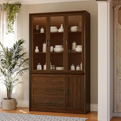 79.6"H Display Bookcase Pantry Cabinet Sideboard with Tempered Glass Doors White/Brown