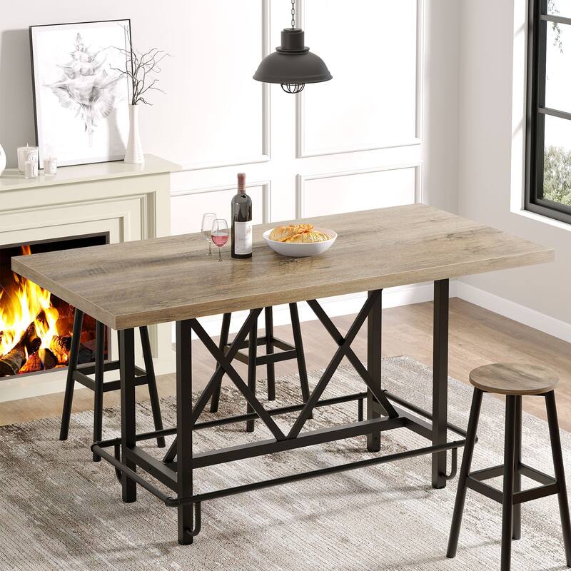 63" Long Wood Dining Table for 4-6 People, Farmhouse Dinner Table with Thick Tabletop, Kitchen Table with Footrest - Grey and Black