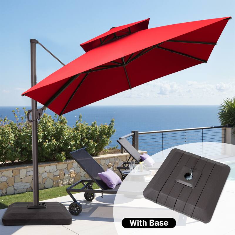 11 x 11 FT Outdoor Patio Cantilever Umbrella 360 Degrees Rotation and Base Stand - Red