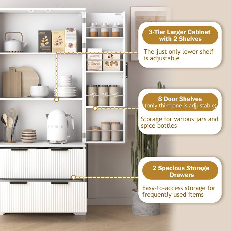 71.65" H Fluted Kitchen Pantry Cabinet, Freestanding Storage Cabinet Buffet Sideboard with 2 Large Drawers & 8-Door Spice Rack