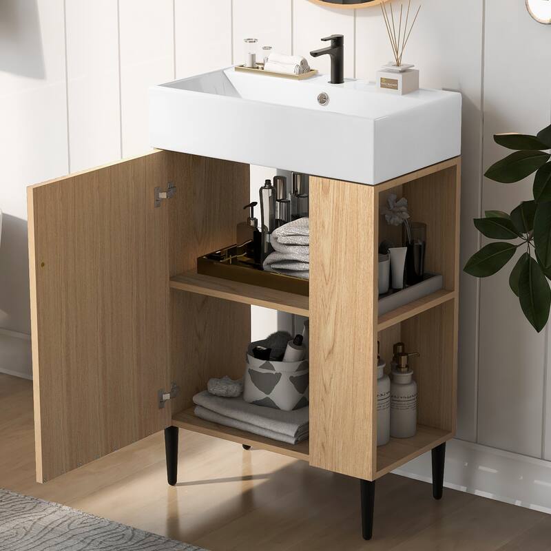 Wood Bathroom Vanity with Sink, Freestanding Single Basin Cabinet, Bathroom Cabinet with Textured Front & Side Storage Shelf