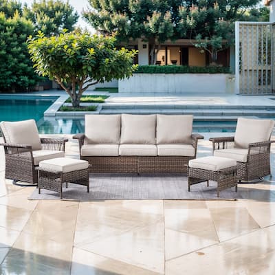 Patio Rattan Sofa Glider Chair Ottoman Set - Brown