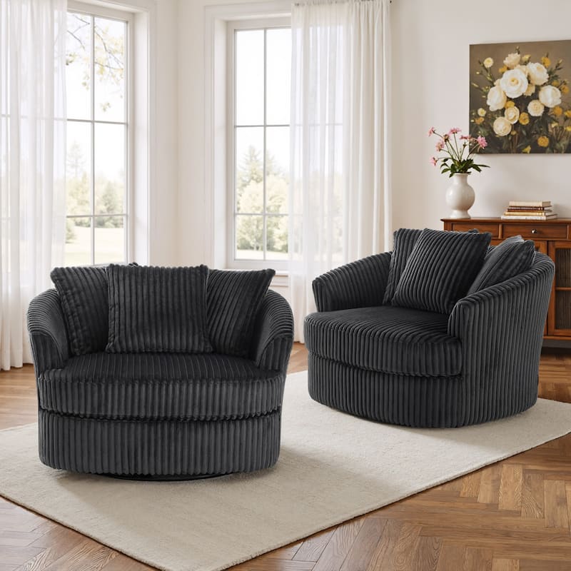 2 Set Oversized 43" W Plush Corduroy Swivel Barrel Chair with Pillows - Dark Grey