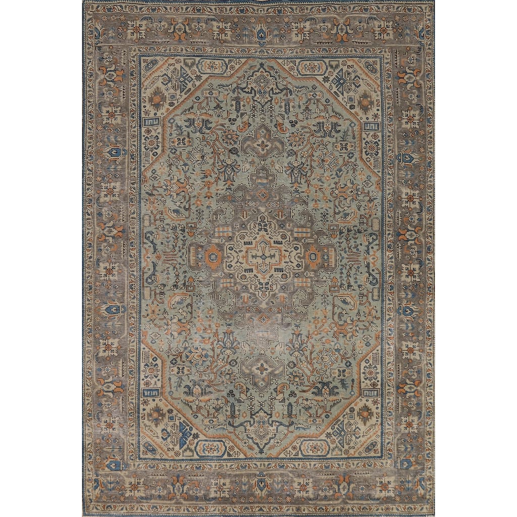 Green Geometric Tabriz Persian Area Rug Hand-Knotted Wool Carpet - 6'6"x 9'7"