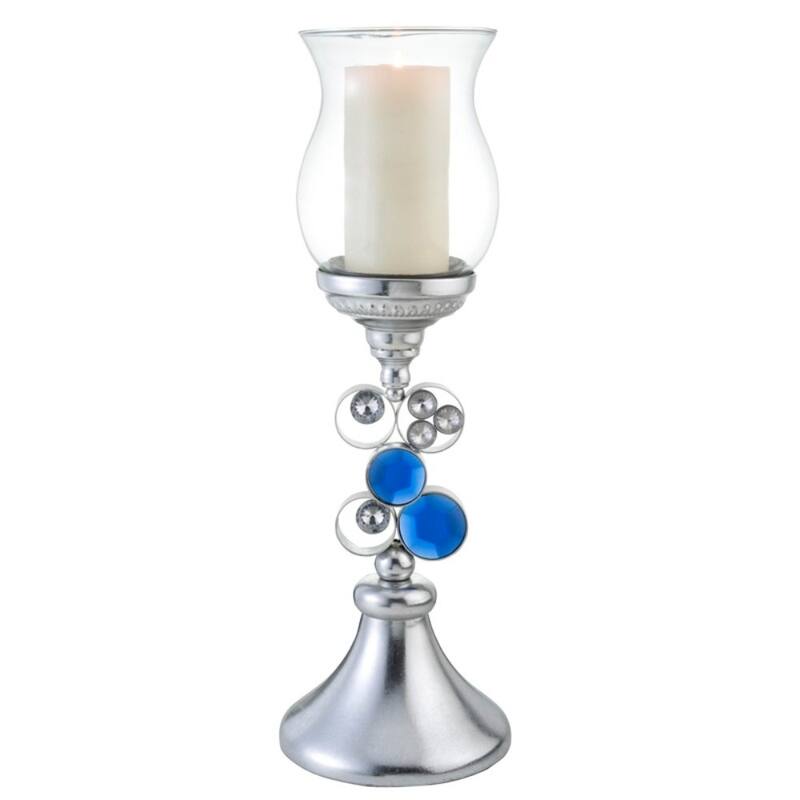 HomeRoots 21" Silver and Blue Faux Crystal Bling Hurricane Candle Holder - 9