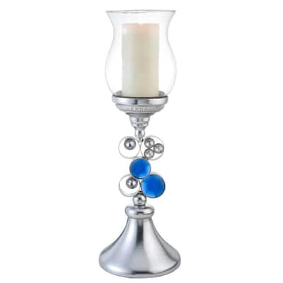 HomeRoots 21" Silver and Blue Faux Crystal Bling Hurricane Candle Holder - 9