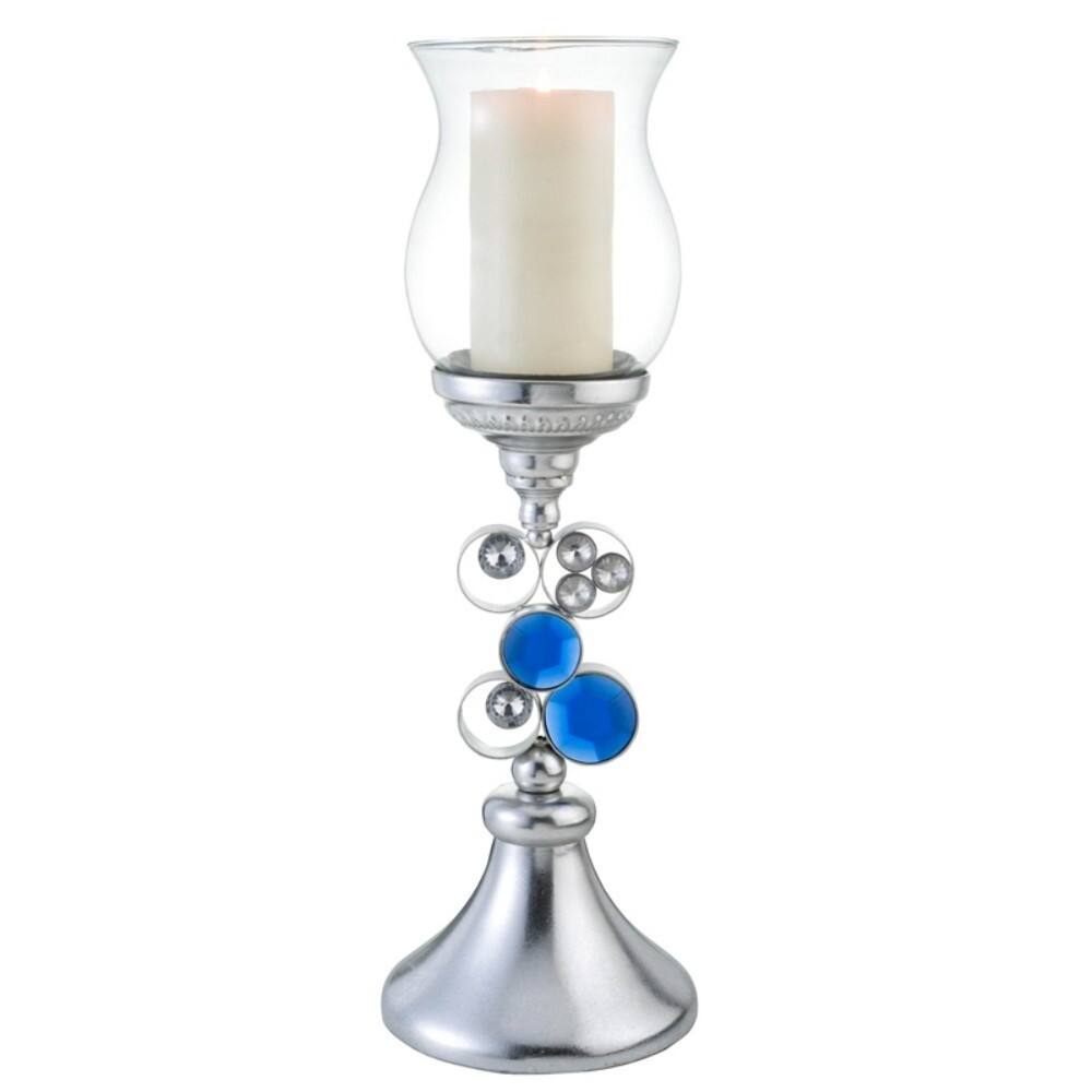 HomeRoots 21" Silver and Blue Faux Crystal Bling Hurricane Candle Holder - 9