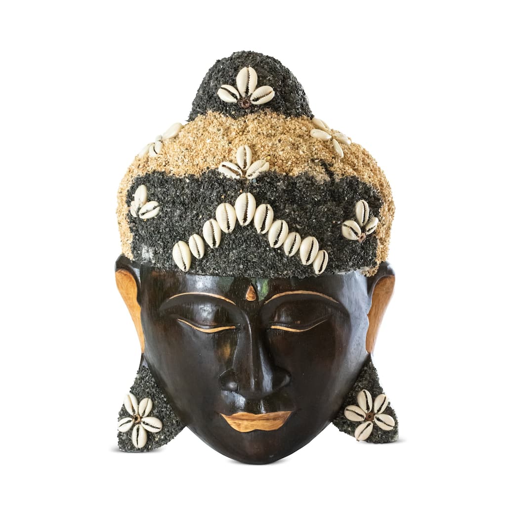 Wooden Wall Mask Serene Buddha Head Statue Hand Carved Seashell Sculpture Handmade Figurine Home Decor Sea Shell Wall Hanging