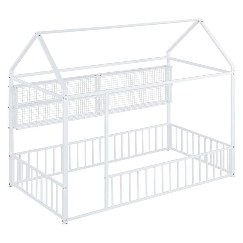 Full Size Metal House Bed Frame with Built-In Grid Shelves, Playful Canopy Design and Space-Saving Storage