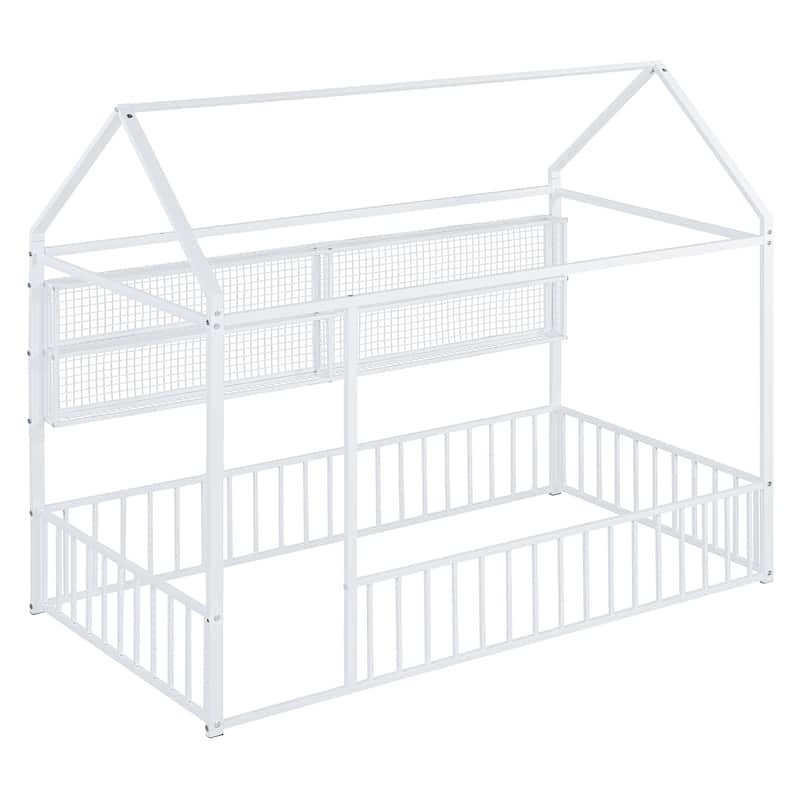 Twin Metal House Bed Frame with Storage Shelves & Fence