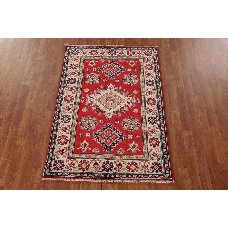 Red Kazak Accent Rug Handmade Oriental Wool Carpet - 3'4"x 4'11"