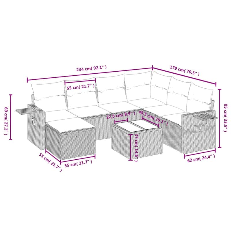 vidaXL Patio Sofa Set with Cushions Outdoor Conversation Furniture Poly Rattan - 24.4" x 24.4" x 27.2"