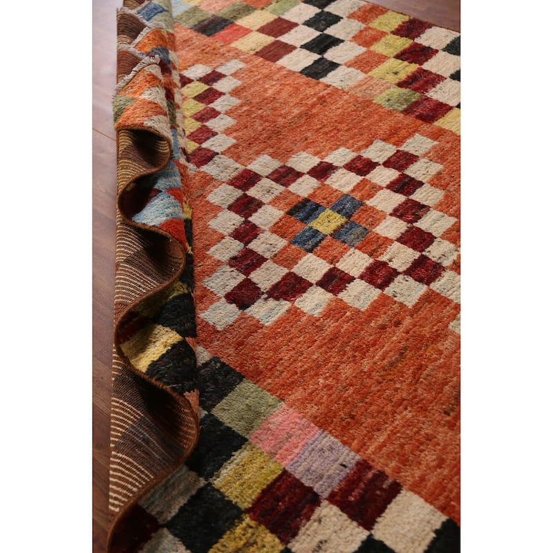Checkered Orange Moroccan Oriental Rug Handmade Wool Carpet - 6'7" x 9'8"