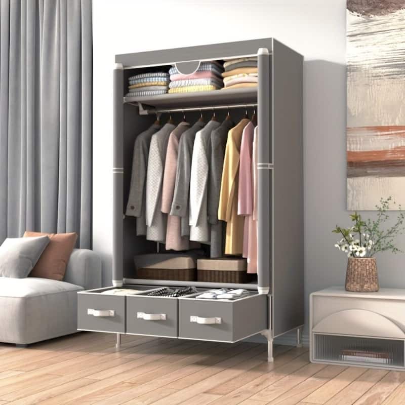 Portable Clothes Closet Rolling Door Wardrobe with Hanging Rack Non-Woven Fabric Storage Organizer with Three Drawer Boxes No-To