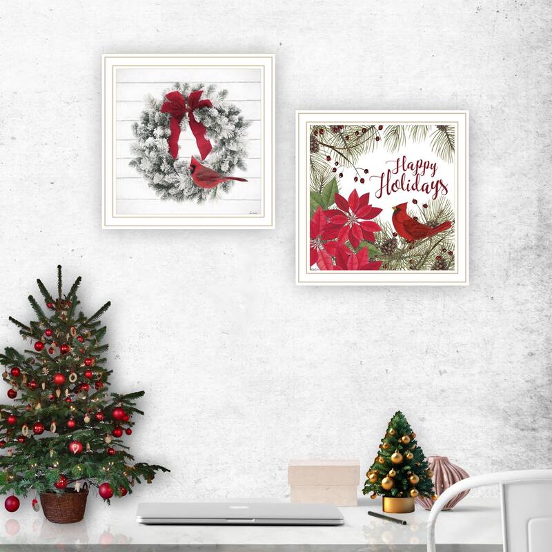 2-Piece Framed Wall Art Set - Cardinal Wreath, White Frame
