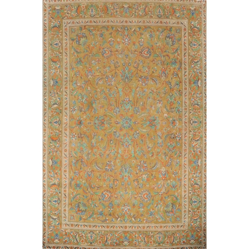 Hand Knotted Oriental 100% Wool Carpet Traditional Floral Yellow & Gold Tabriz Area Rug - 12' 7'' X 9' 7''