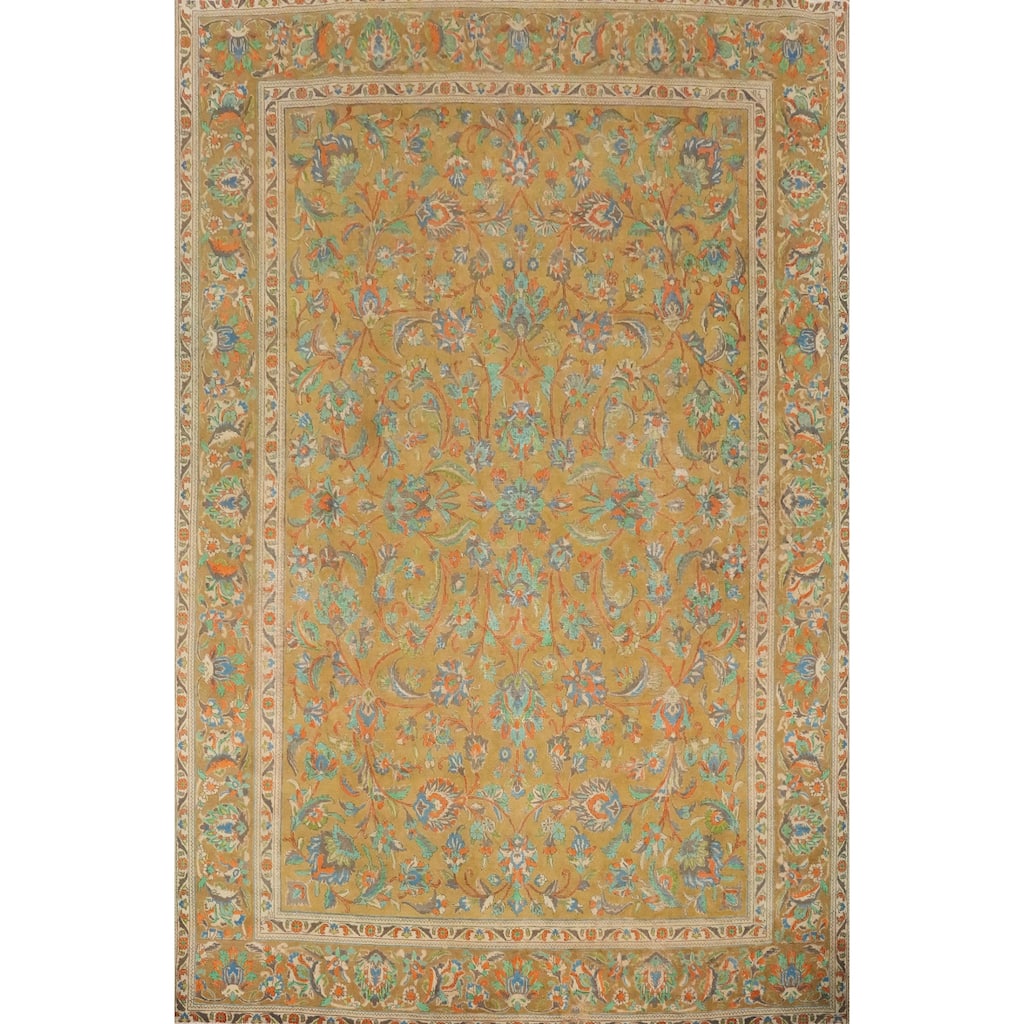 Hand Knotted Oriental 100% Wool Carpet Traditional Floral Yellow & Gold Tabriz Area Rug - 12' 7'' X 9' 7''