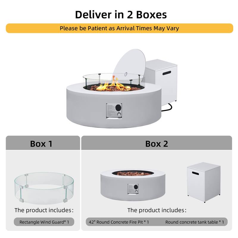 Patio Watcher Outdoor 42in./56in. Iron Fire Pit Table with Propane Tank Cover and Glass Wind Guard