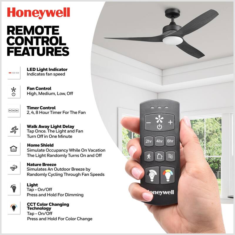 52" Honeywell Lynton Indoor/Outdoor Ceiling Fan with Color Changing LED Light, Remote Control, High Performance Blades