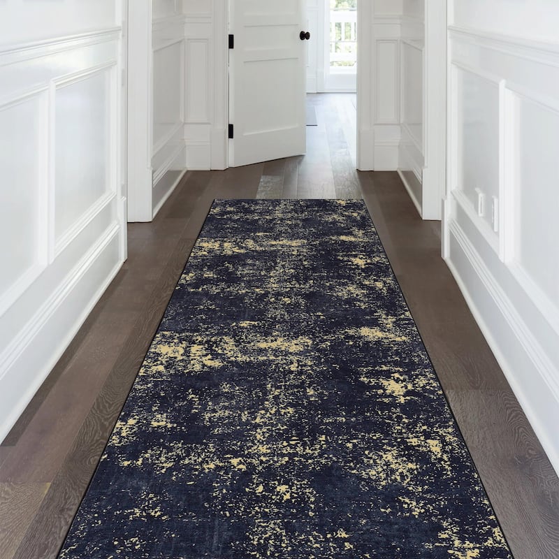 2'6"x10"' Area Rugs Machine Washable Rugs Living Room Rugs for Bedroom Laundry Room Kitchen Non Slip Carpet Abstract Soft - Black+Gold