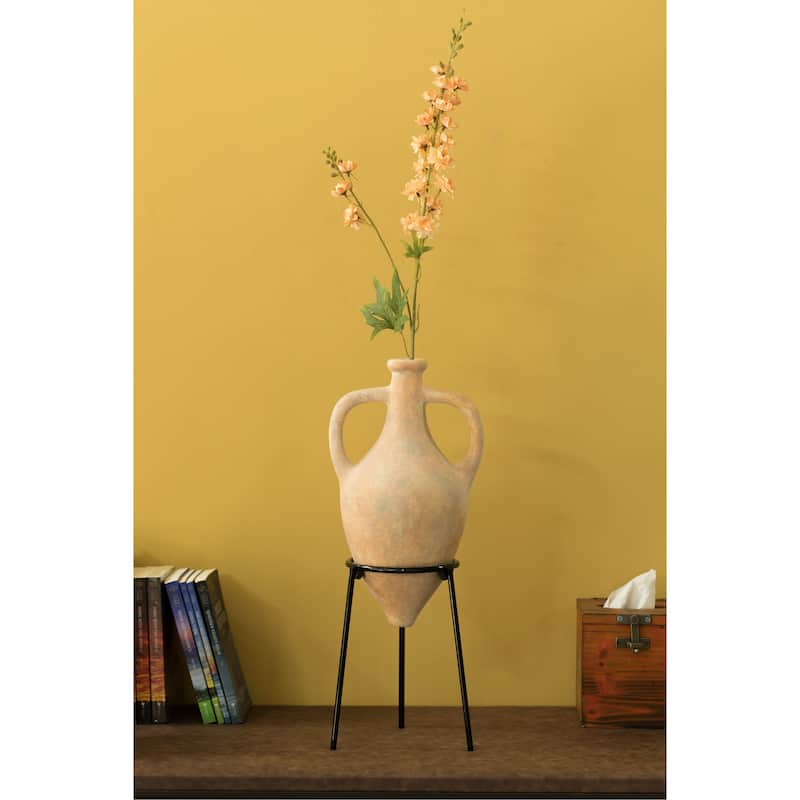 Antique Style Vase, Amphora, Decorative Large Tall Vase, Unique Vase on Slim Black Metal Tripod Stand, 21-Inch-Tall Beige Vase