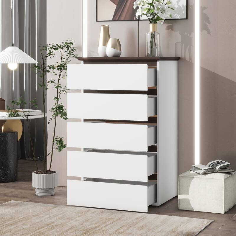 Modern Minimalist Dressing Table/Storage Cabinet with 5 Drawers and Solid Wood Countertop, for Bedrooms Living Rooms