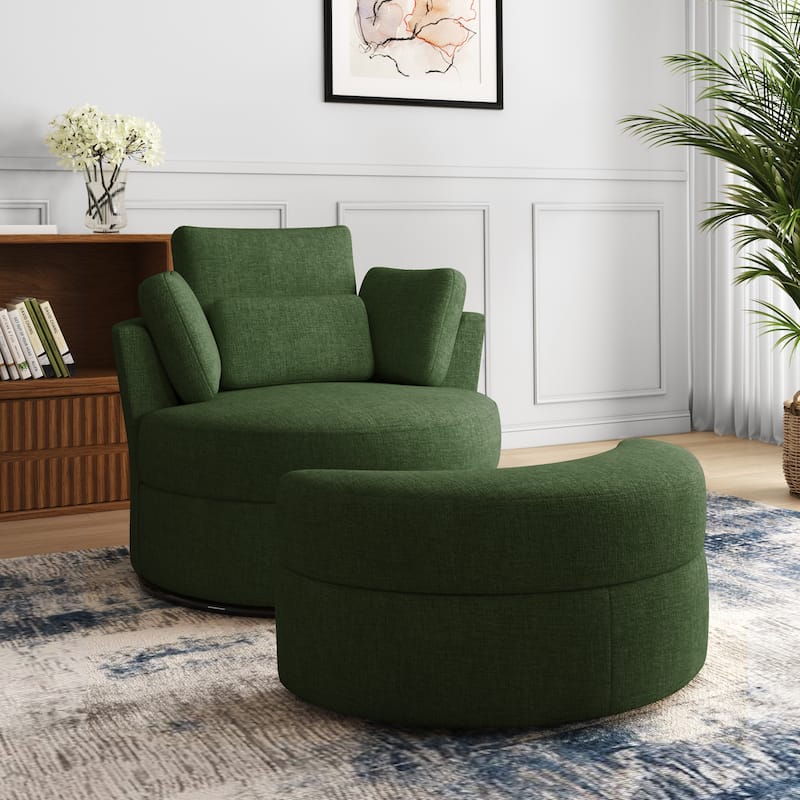 41" W Oversized Accent Barrel Swivel Chair with Moon Storage Ottoman - Set of Chair with Ottoman - Green Chenille