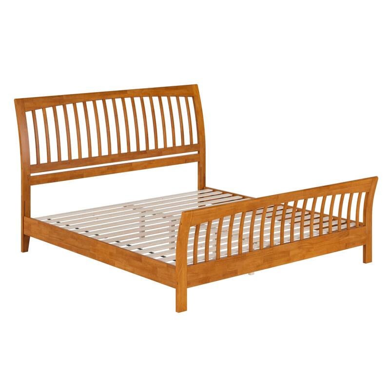 King Solid Wood Platform Bed - Low Profile Design with Footboard & Sleigh Headboard - Light Toffee Finish