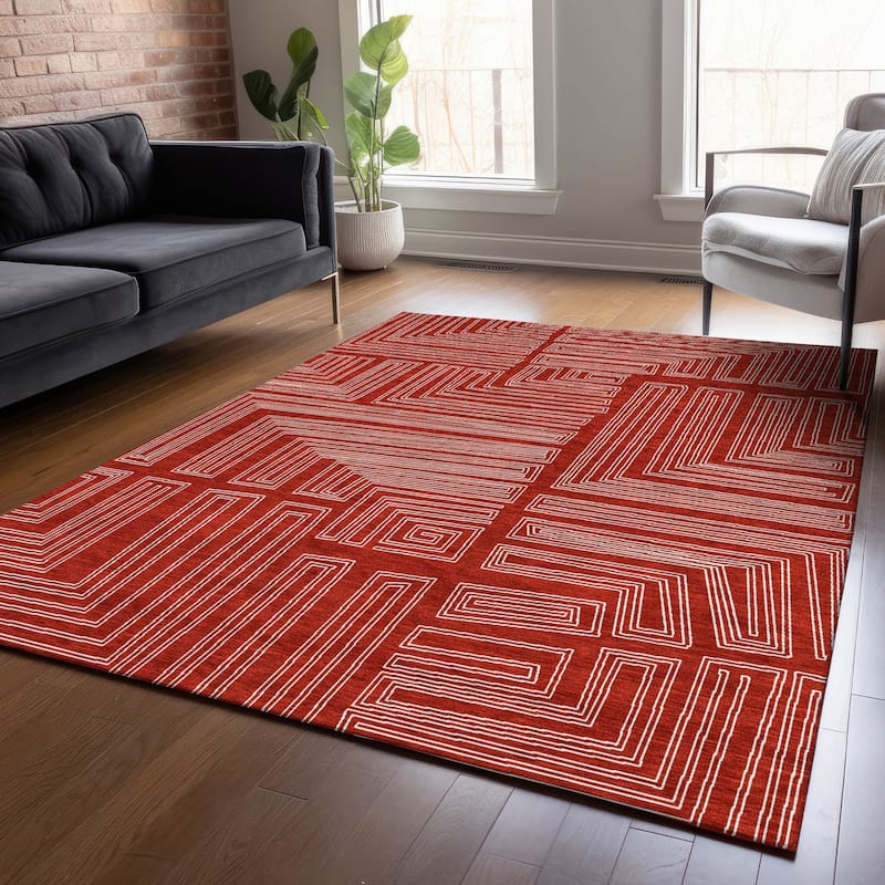 Machine Washable Indoor/ Outdoor Contemporary Stack Chantille Rug - Red - 5' x 7'6"