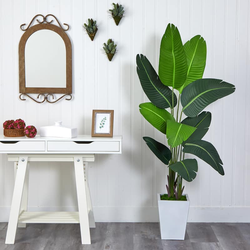 5.5' Travelers Palm Artificial Tree in White Metal Planter - 15"