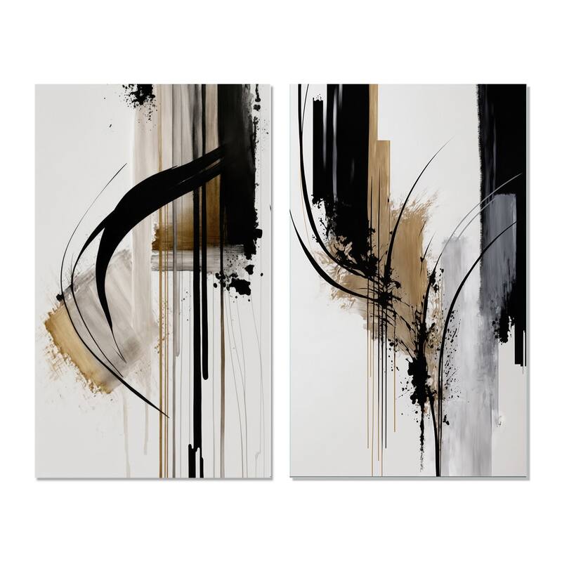 Designart "Black, White And Gold Expression I" Abstract Wall Art Set Of 2 Black Modern Gallery Set For Office Decor