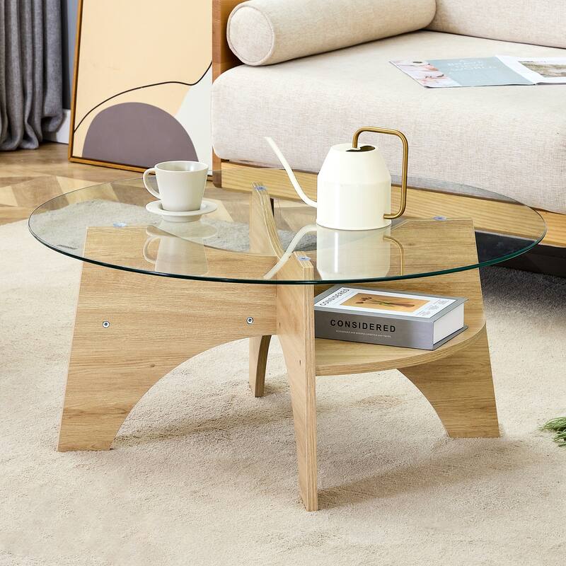 GDFStudio Marcellus Tempered Glass Coffee Table with Wood Legs and Fan-Shaped Pedestal Design - Natural Wood Color
