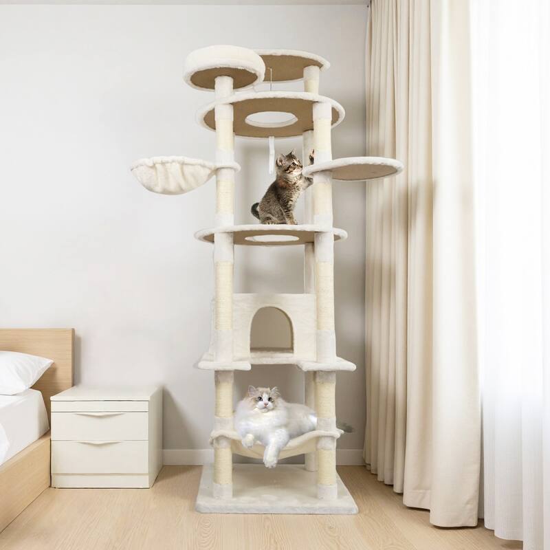 78 in beige cat tree tower with large condo sisal scratching post big hammock and top platform