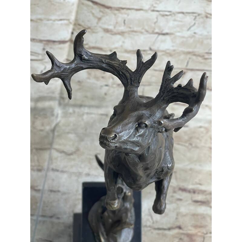 Elk Deer Caribou Stag Buck Jumping Bronze Statue Sculpture On Marble Base