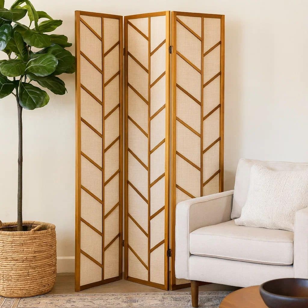 3 Panel Screen with Jute Linen Fabric and Wooden Frame, Brown and Beige