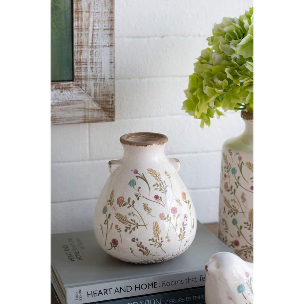 6.7x6.7x7.7" Round Ceramic Accent Vase with Multi-Colored Floral Motifs